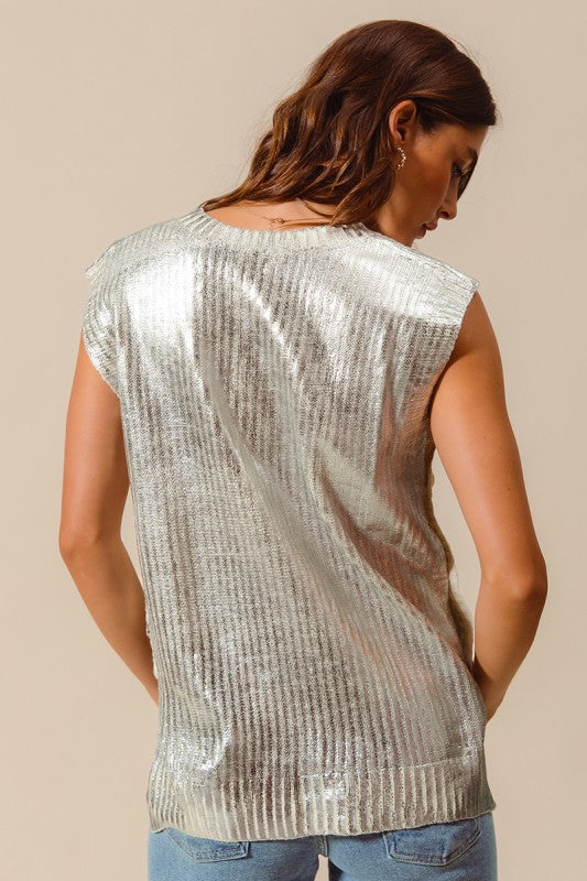 Metallic Foil Sweater Vest Top
