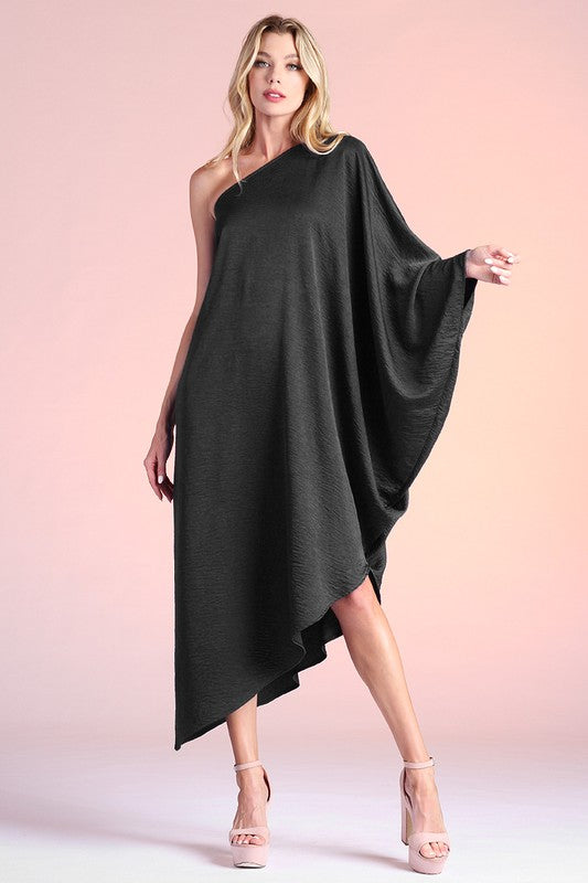 Black Satin Asymmetrical One Sleeve Dress