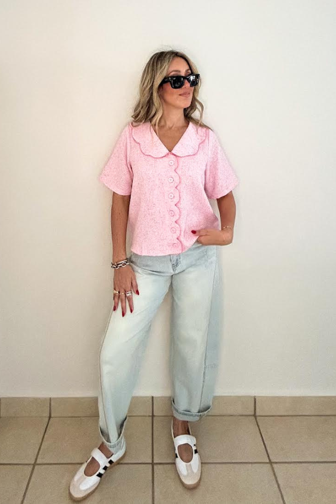Pink Scalloped Collar Tweed Top
