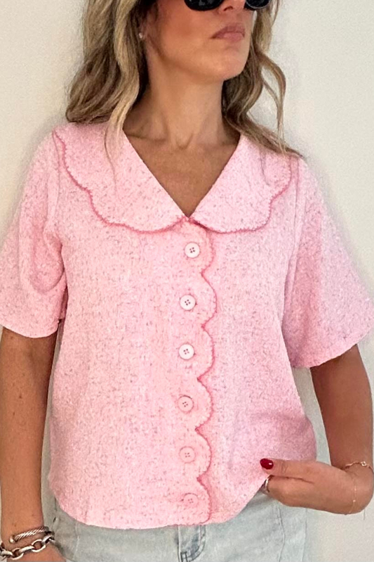 Pink Scalloped Collar Tweed Top