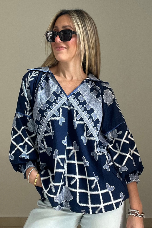 Navy & White Hearts Printed Blouse