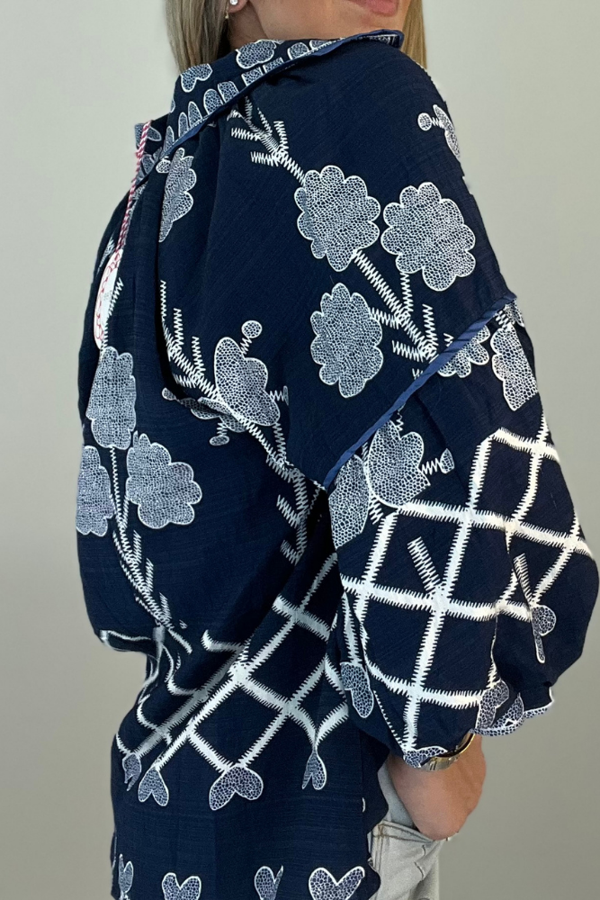 Navy & White Hearts Printed Blouse