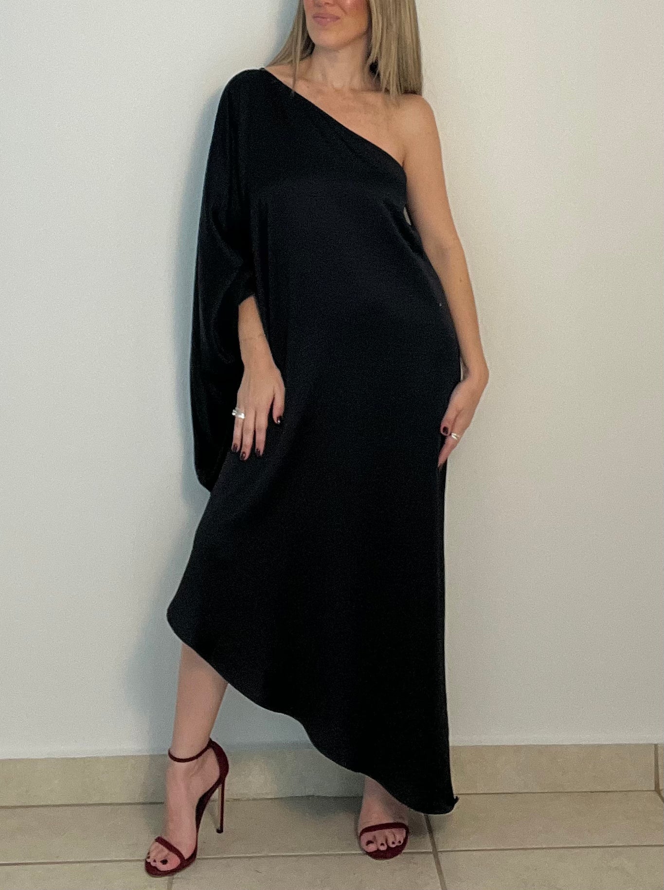Black Satin Asymmetrical One Sleeve Dress