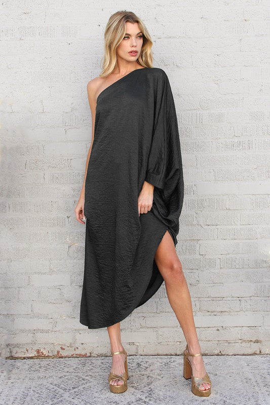 Black Satin Asymmetrical One Sleeve Dress