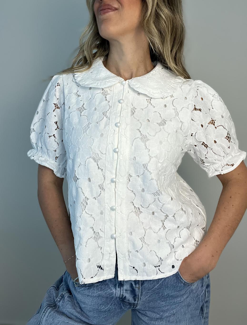 White Button Down Lace Top