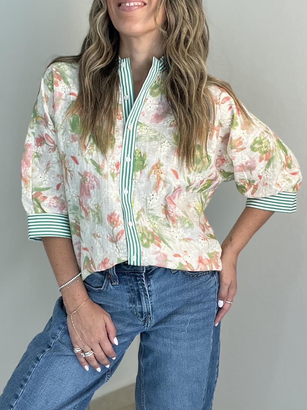 Floral Striped Eyelet Top