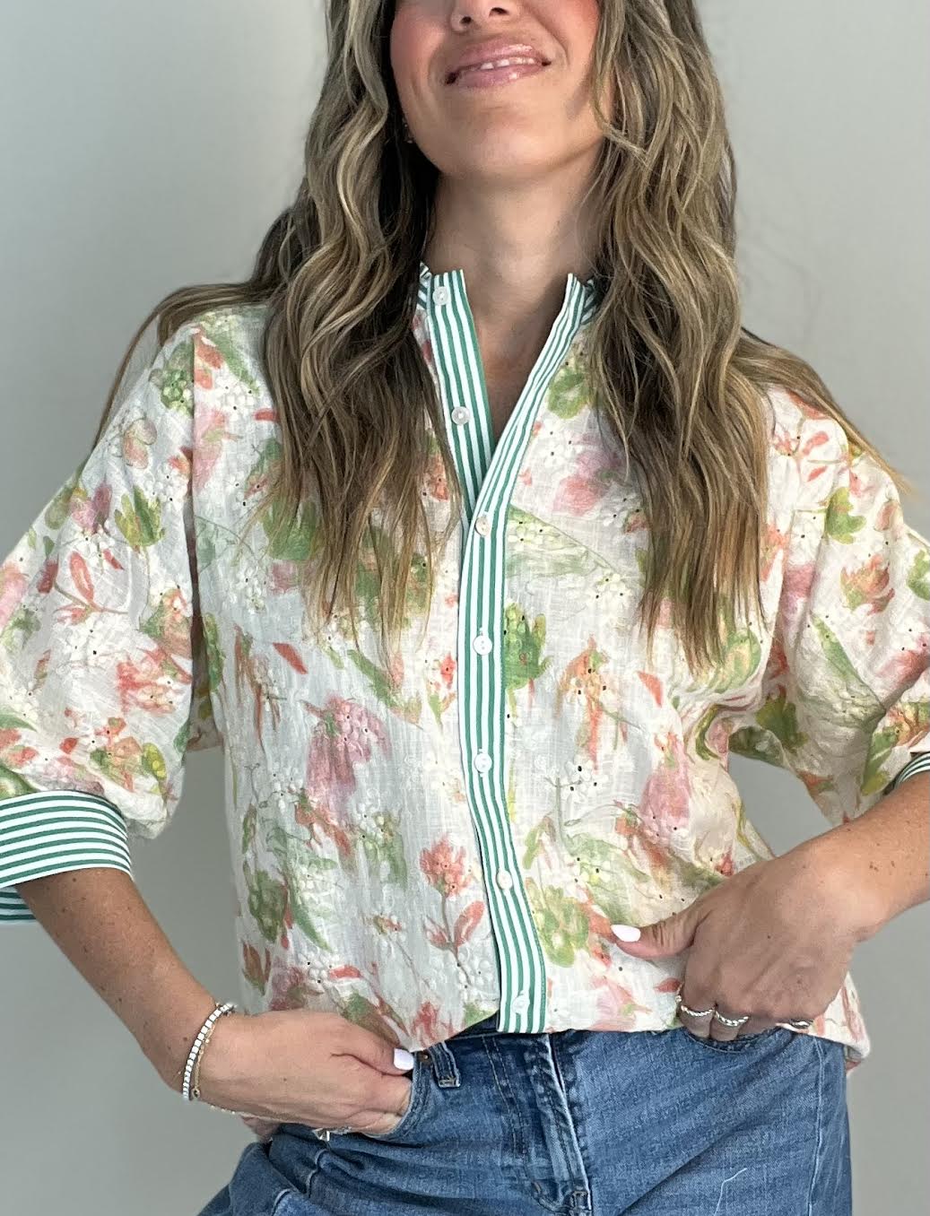 Floral Striped Eyelet Top