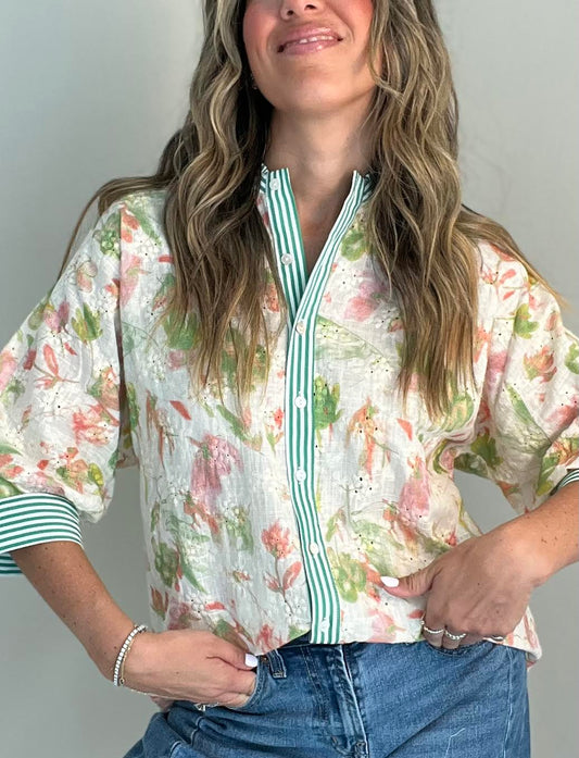 Floral Striped Eyelet Top