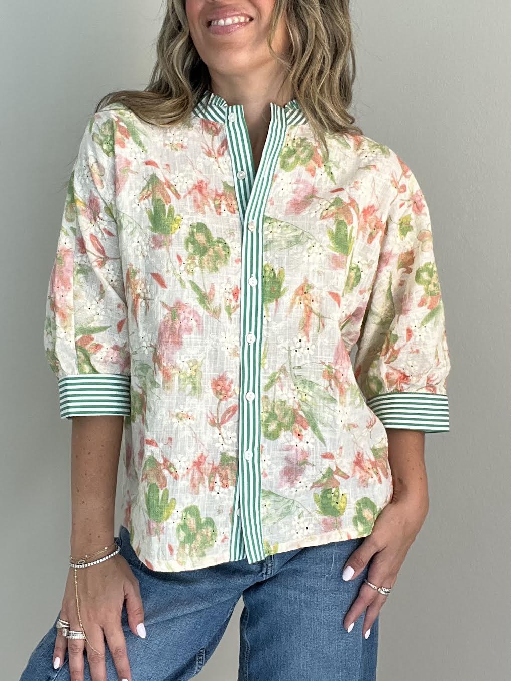 Floral Striped Eyelet Top